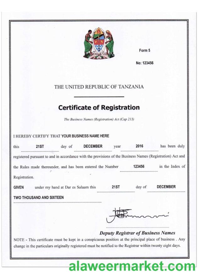 TANZANIA business reg. cert
